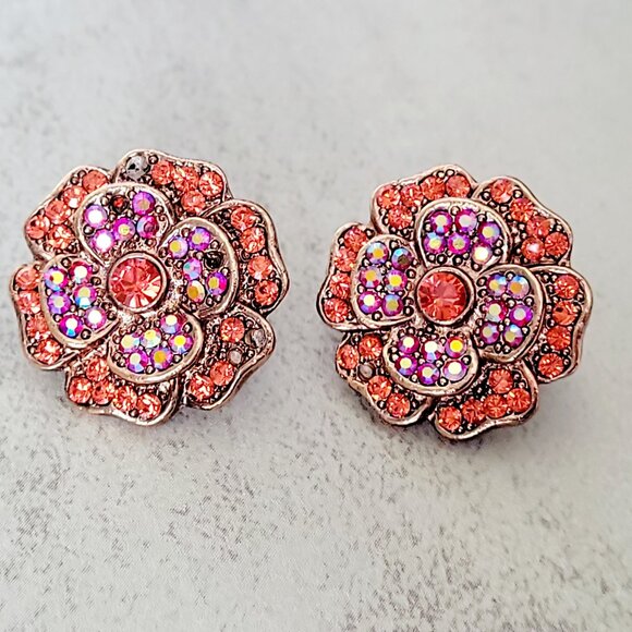 Jewelry - Vintage 1980s Floral Clip-On Earrings with Colorful Sparkling Rhinestones